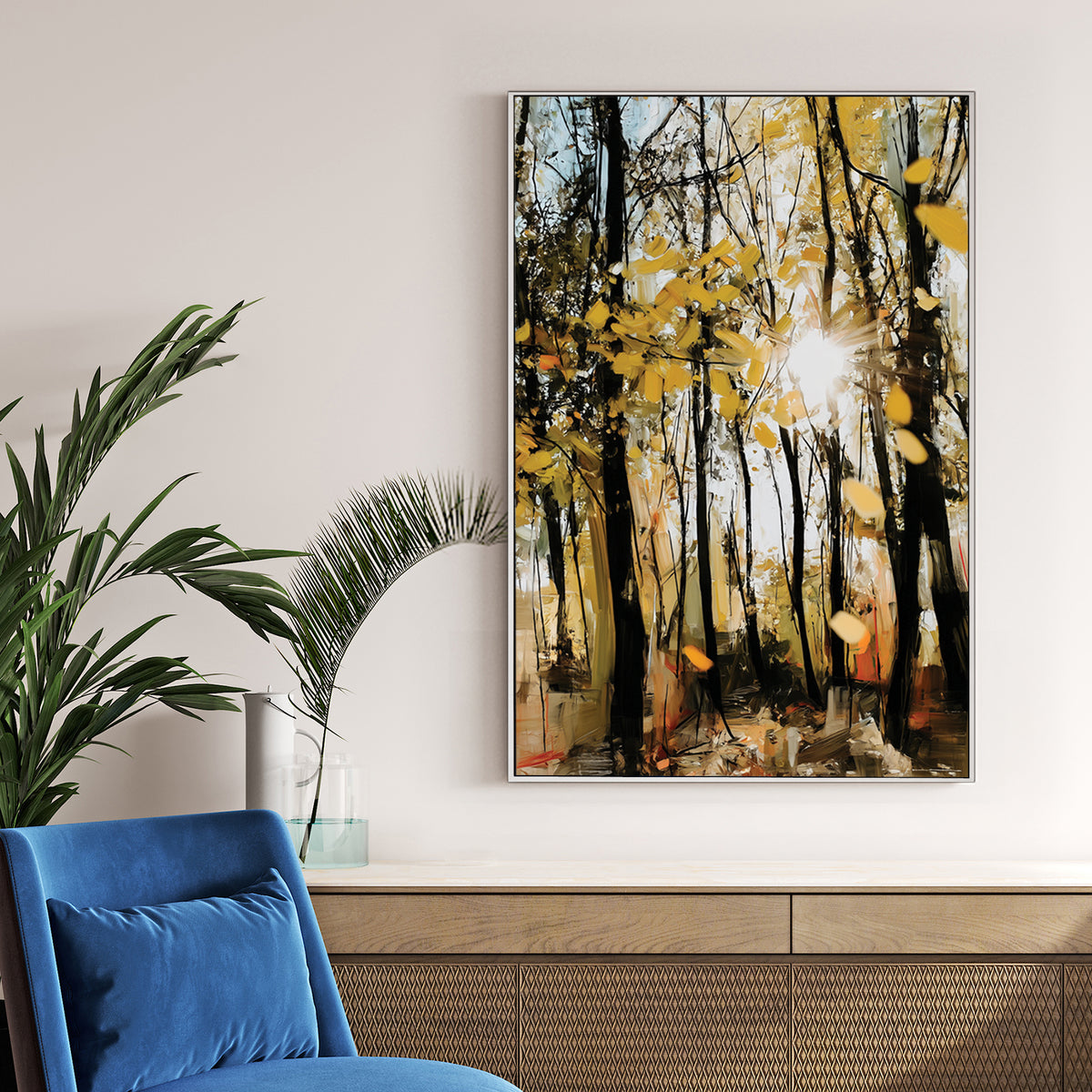 Impressionist golden autumn forest with sunbeams wall art.