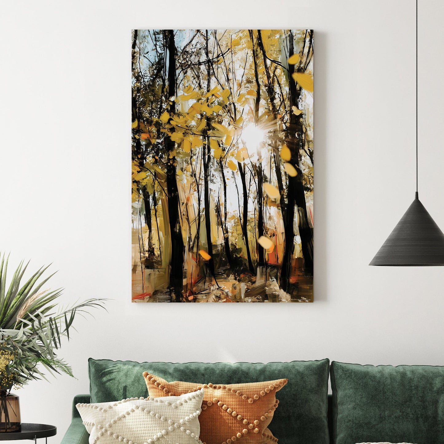 Impressionist golden autumn forest with sunbeams wall art.