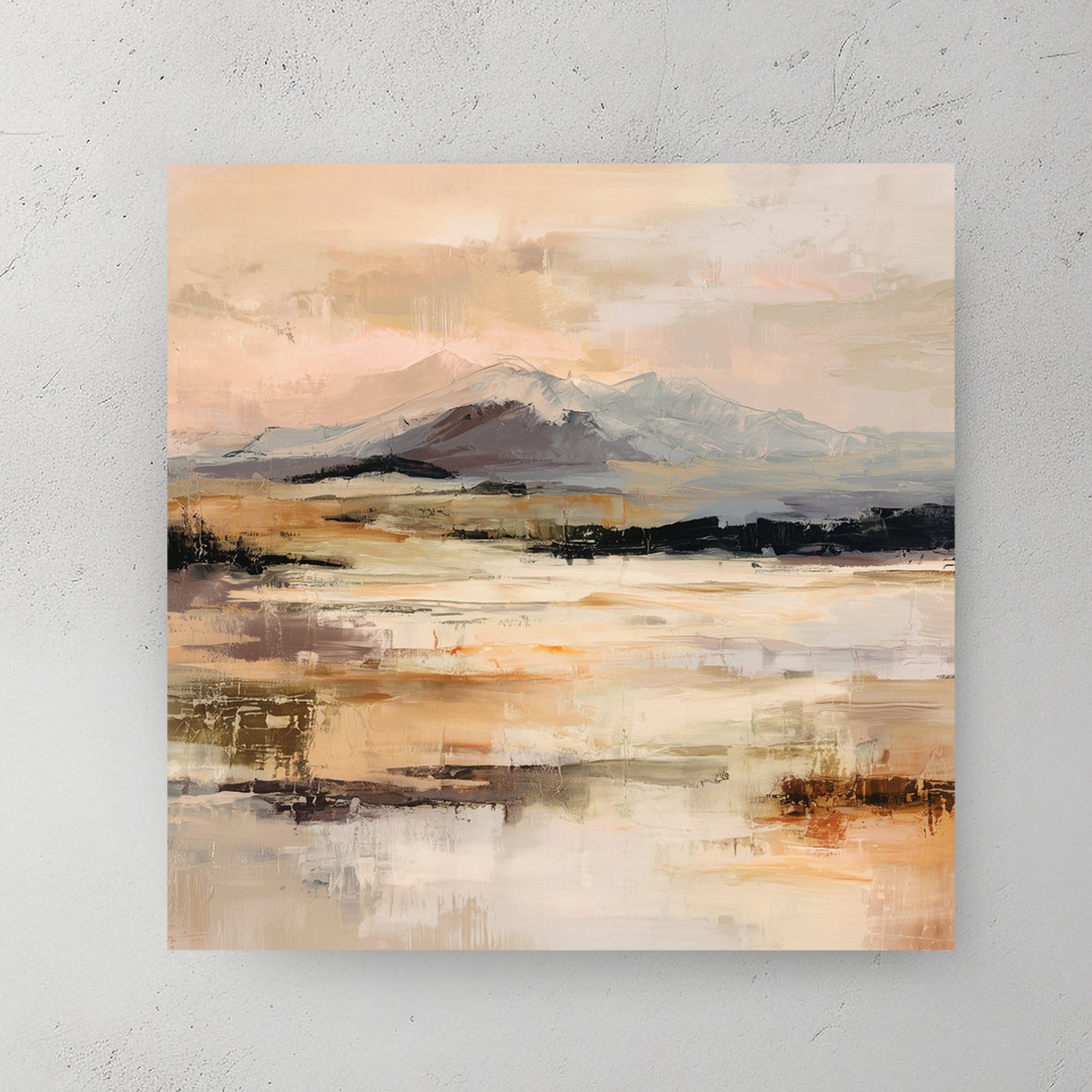 Impressionist Alpine Mountain Range wall art in cream and gold tones.