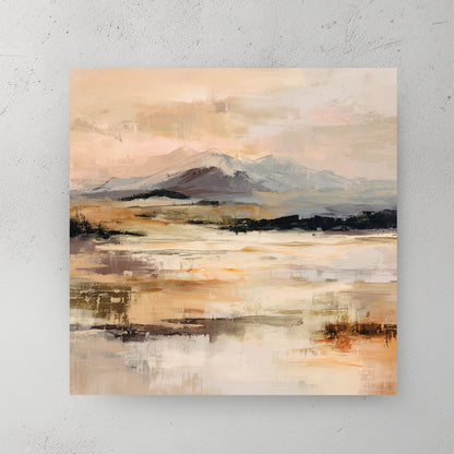 Impressionist Alpine Mountain Range wall art in cream and gold tones.