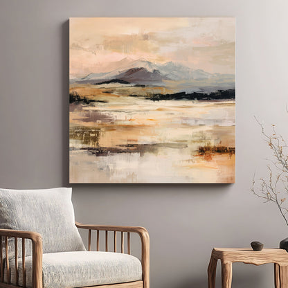 Impressionist Alpine Mountain Range wall art in cream and gold tones.