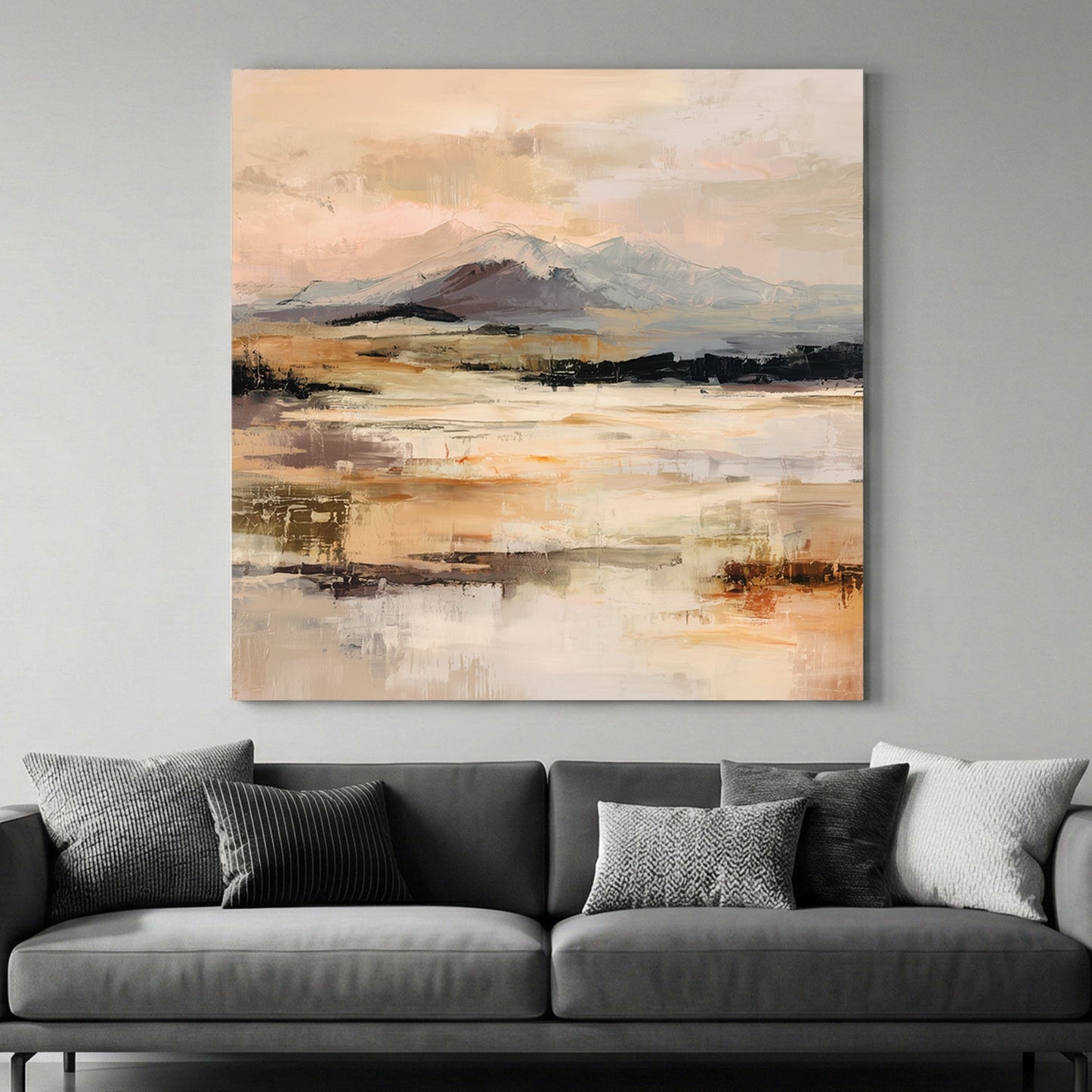 Impressionist Alpine Mountain Range wall art in cream and gold tones.