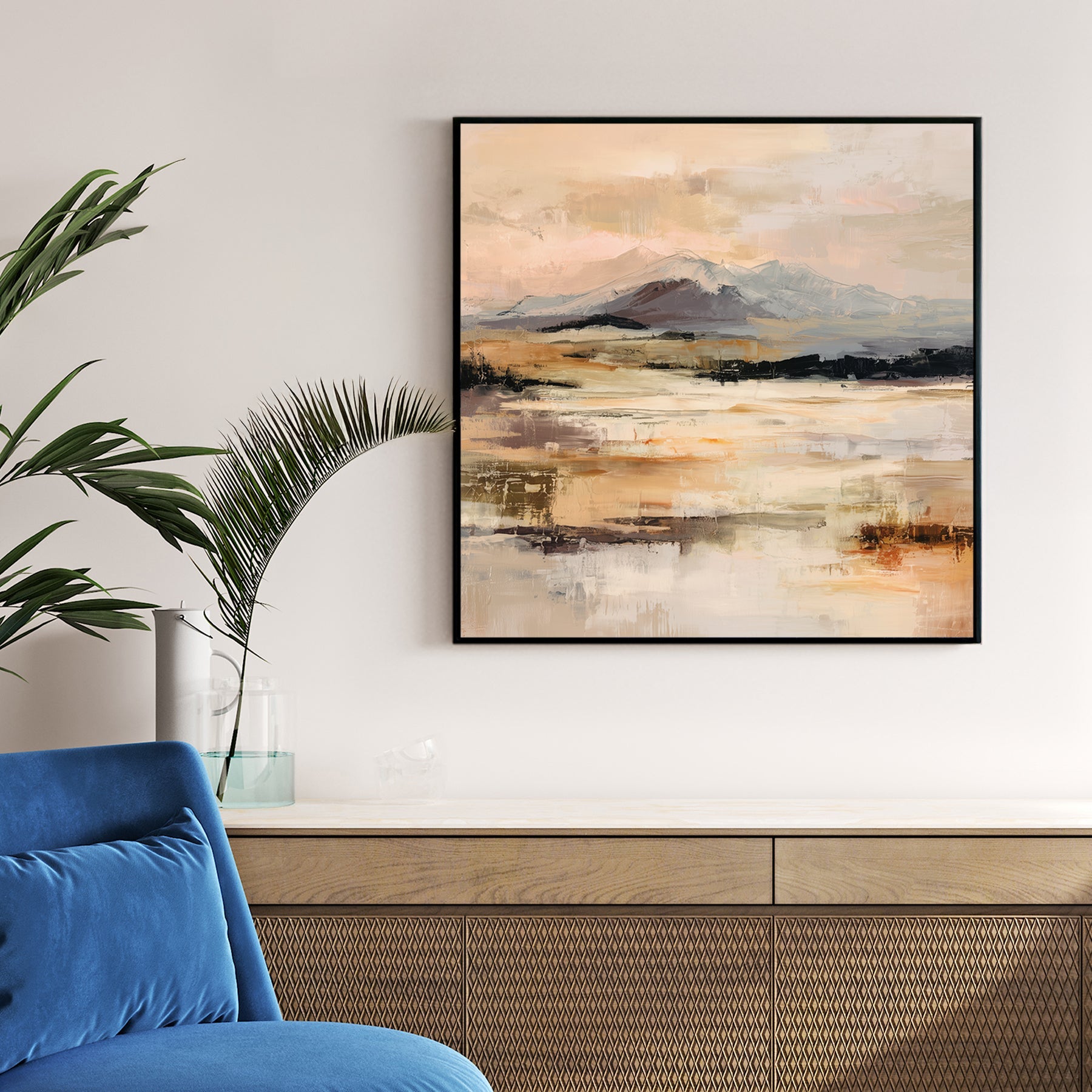 Impressionist Alpine Mountain Range wall art in cream and gold tones.