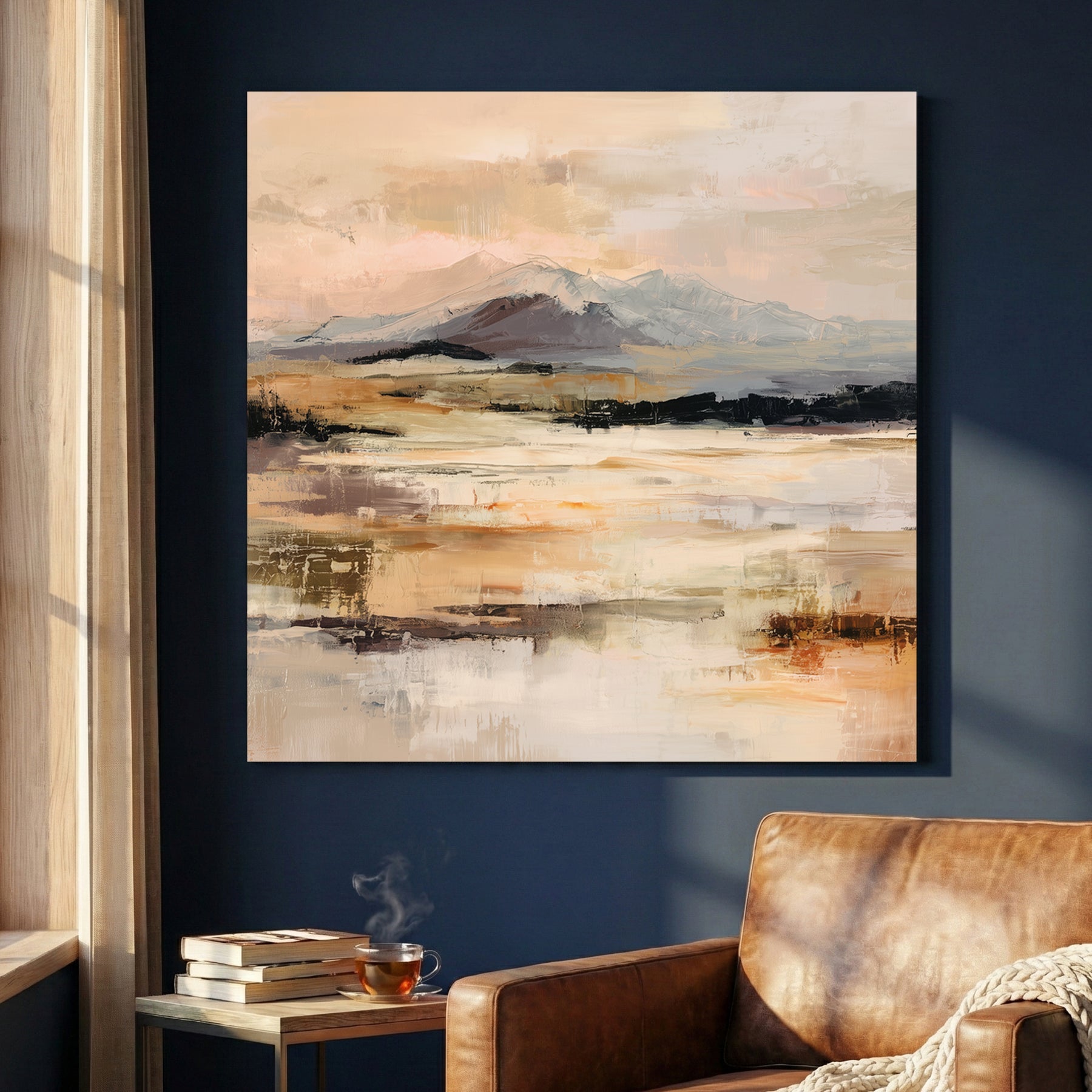 Impressionist Alpine Mountain Range wall art in cream and gold tones.