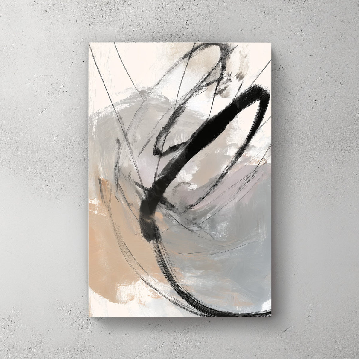 Abstract minimalist wall art with bold black sweeping lines on a beige and grey background.