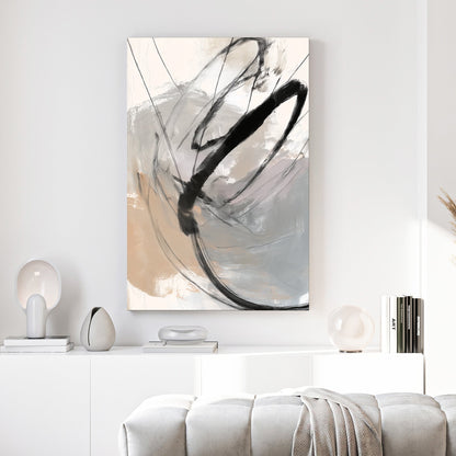 Abstract minimalist wall art with bold black sweeping lines on a beige and grey background.