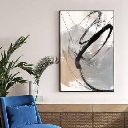 Abstract minimalist wall art with bold black sweeping lines on a beige and grey background.