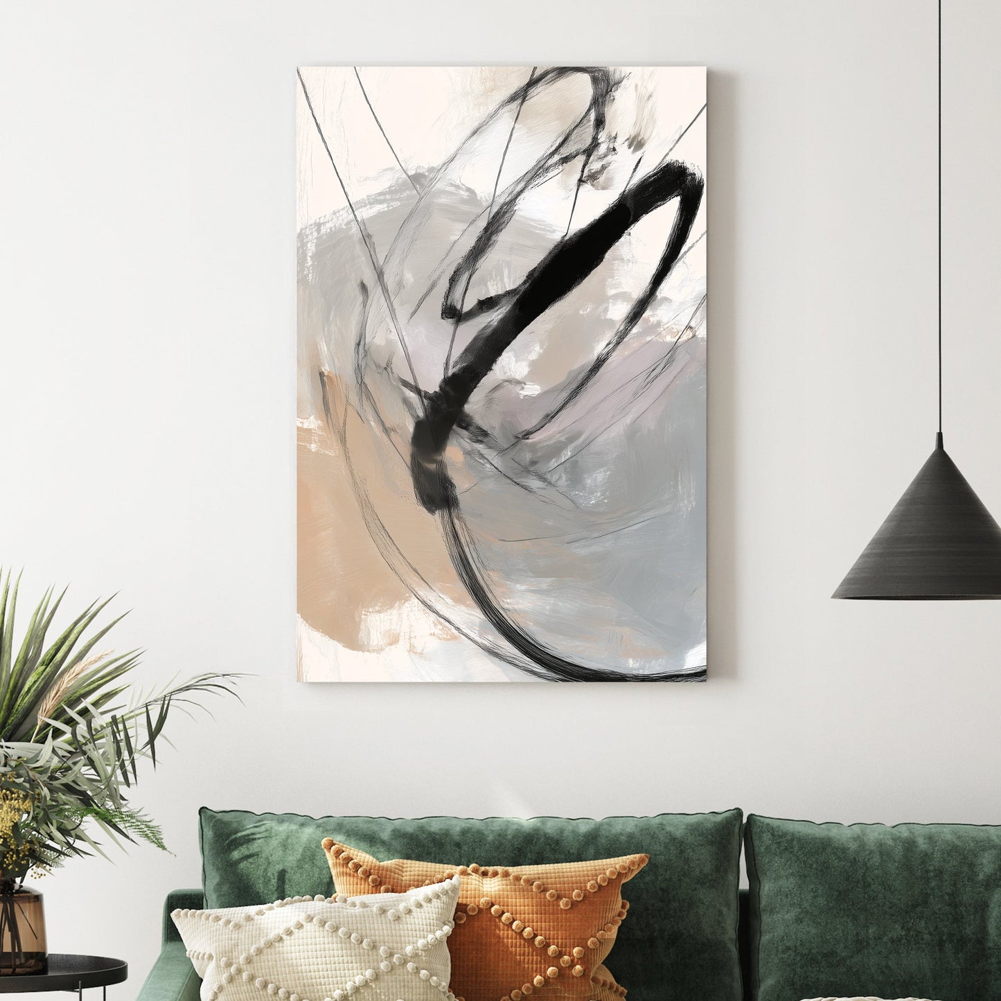 Abstract minimalist wall art with bold black sweeping lines on a beige and grey background.