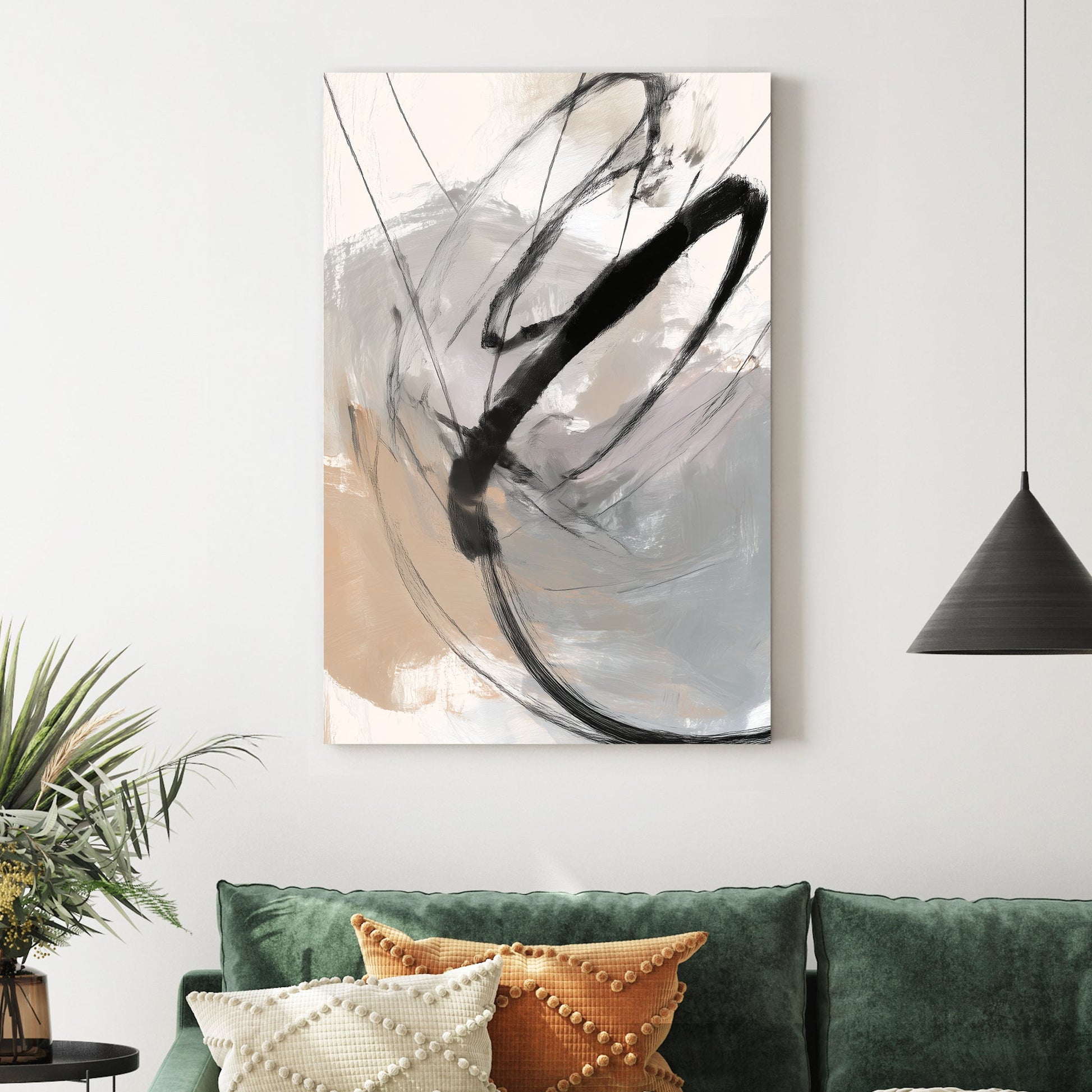 Abstract minimalist wall art with bold black sweeping lines on a beige and grey background.