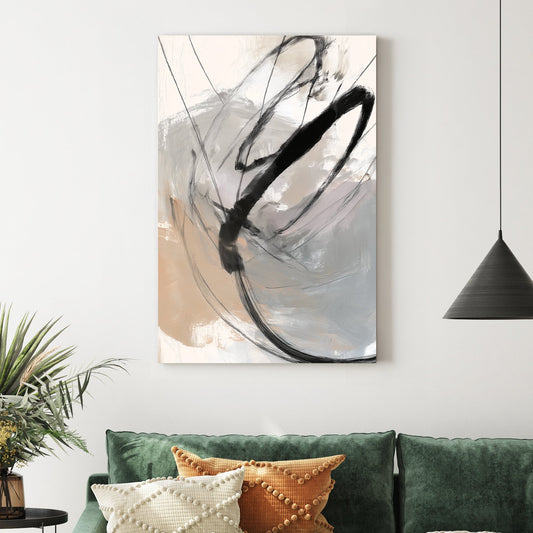 Abstract minimalist wall art with bold black sweeping lines on a beige and grey background.