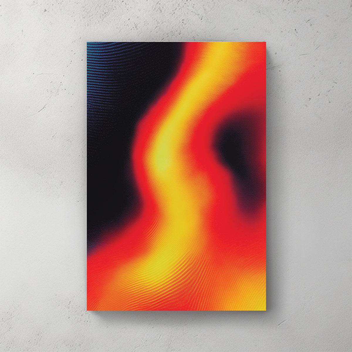 Abstract thermal wave with red and yellow gradients on a dark background wall art.