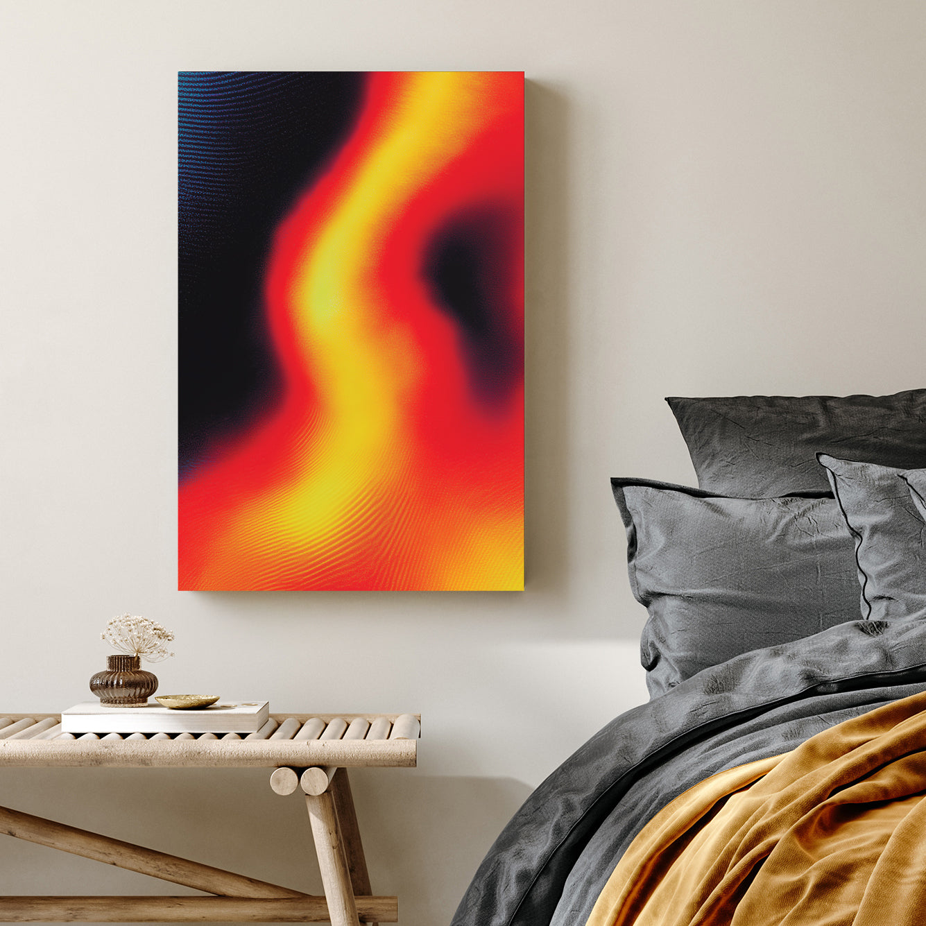 Abstract thermal wave with red and yellow gradients on a dark background wall art.