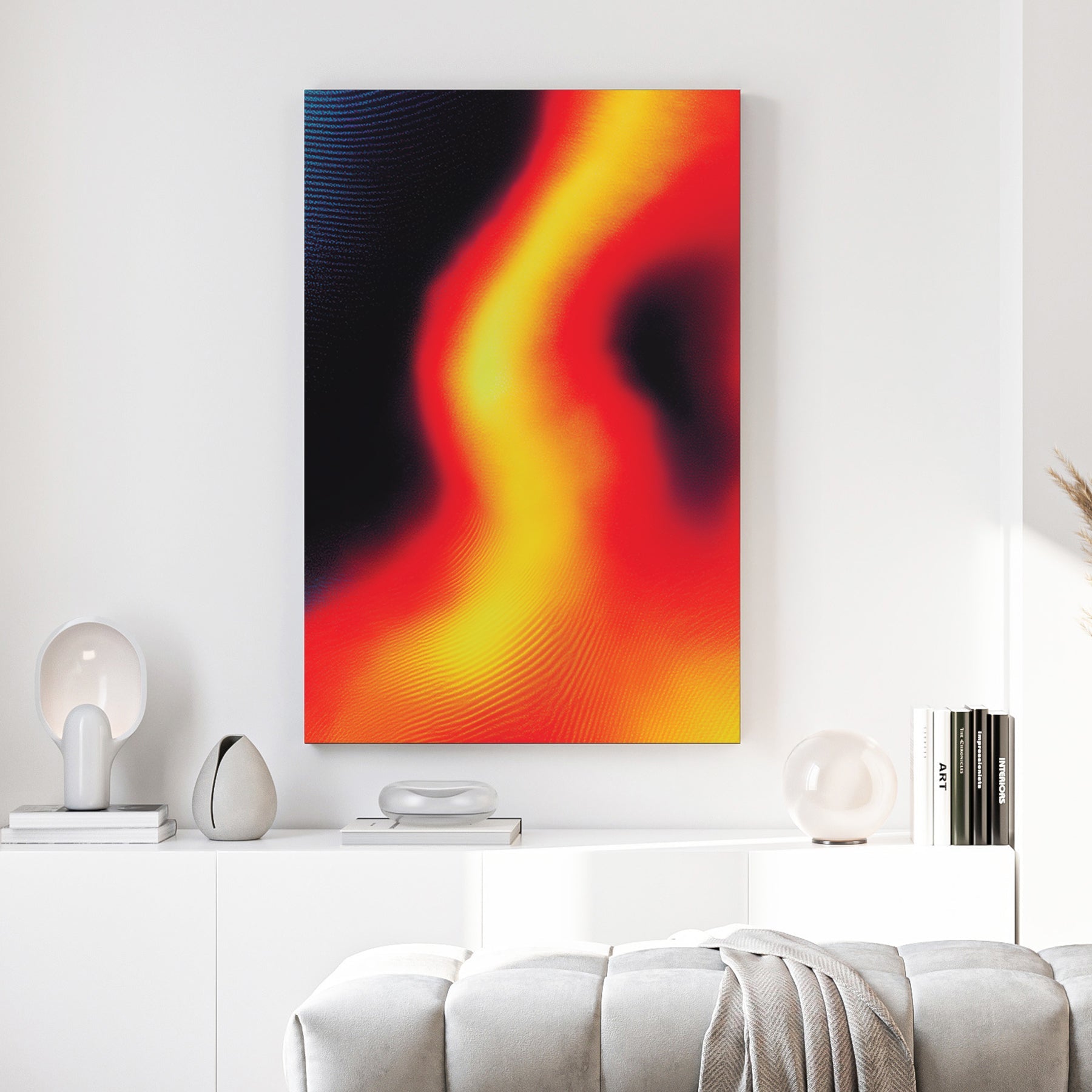 Abstract thermal wave with red and yellow gradients on a dark background wall art.