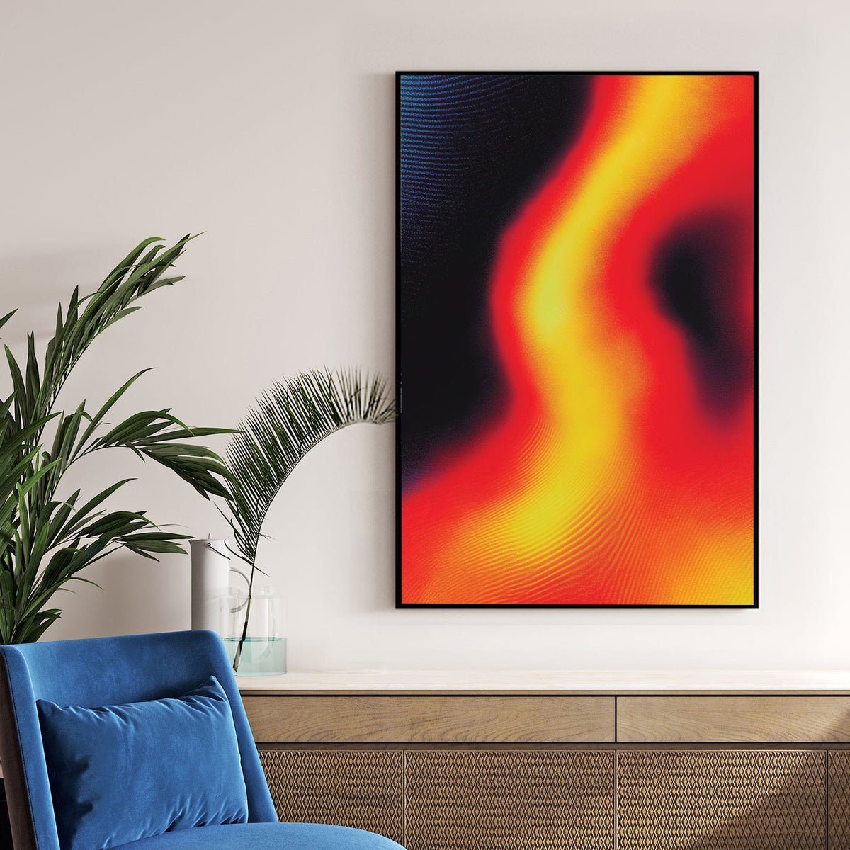 Abstract thermal wave with red and yellow gradients on a dark background wall art.