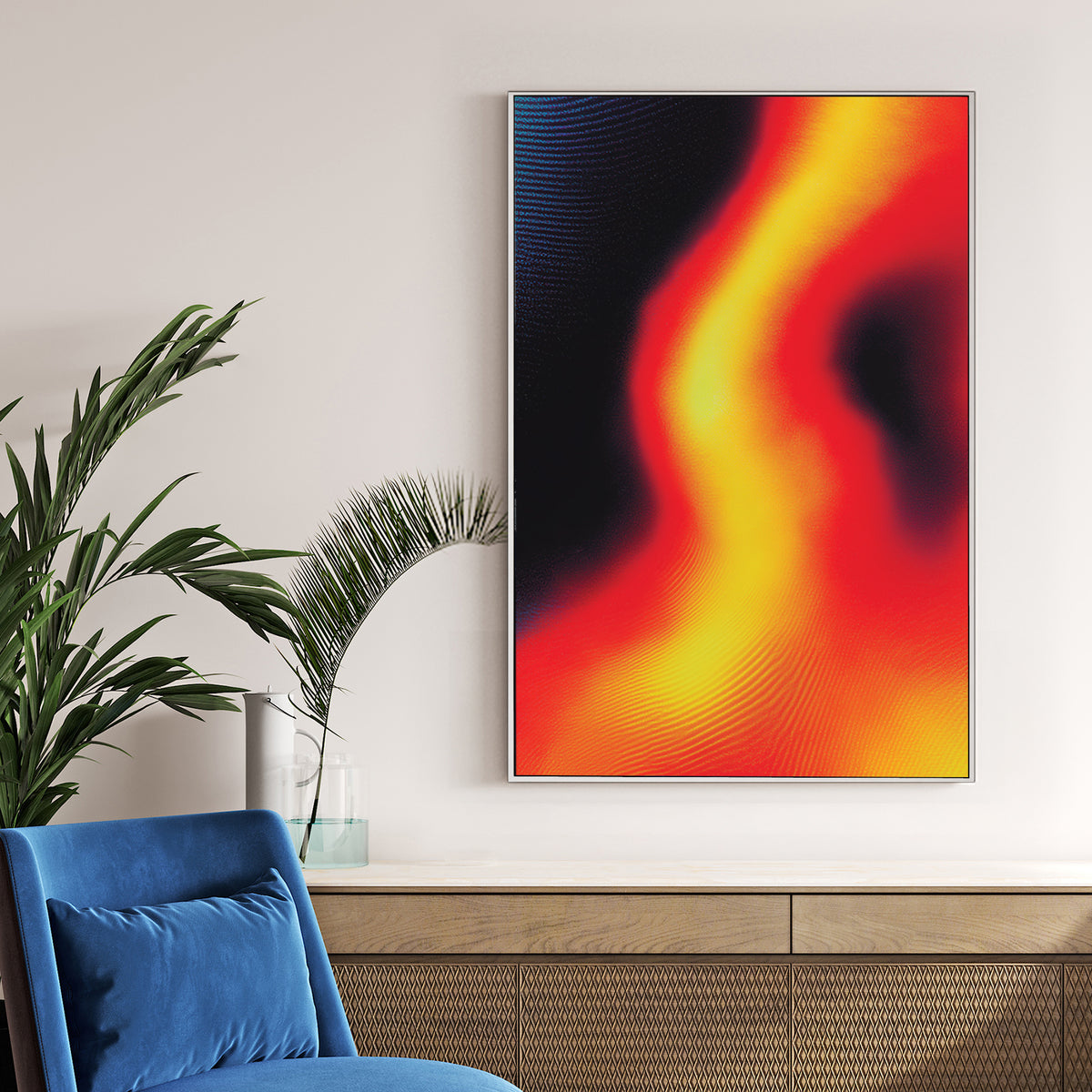 Abstract thermal wave with red and yellow gradients on a dark background wall art.