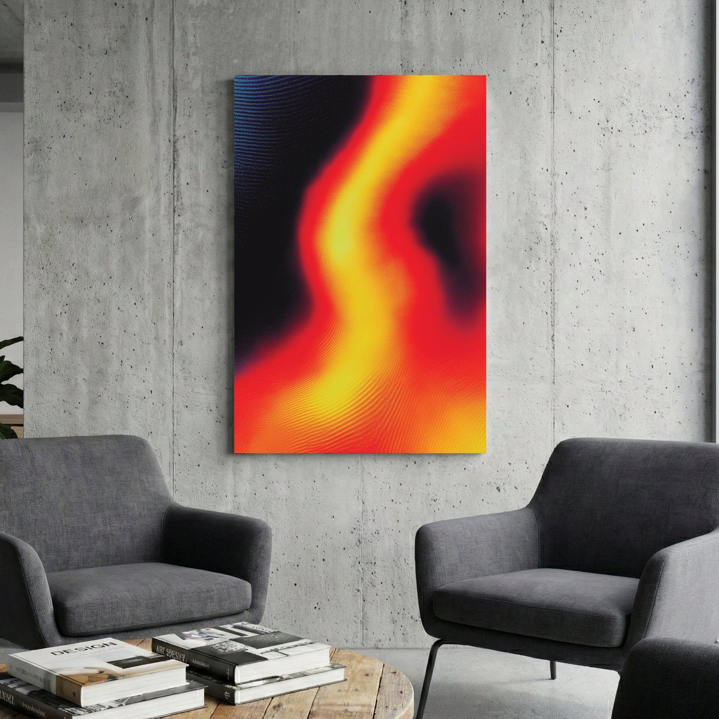 Abstract thermal wave with red and yellow gradients on a dark background wall art.