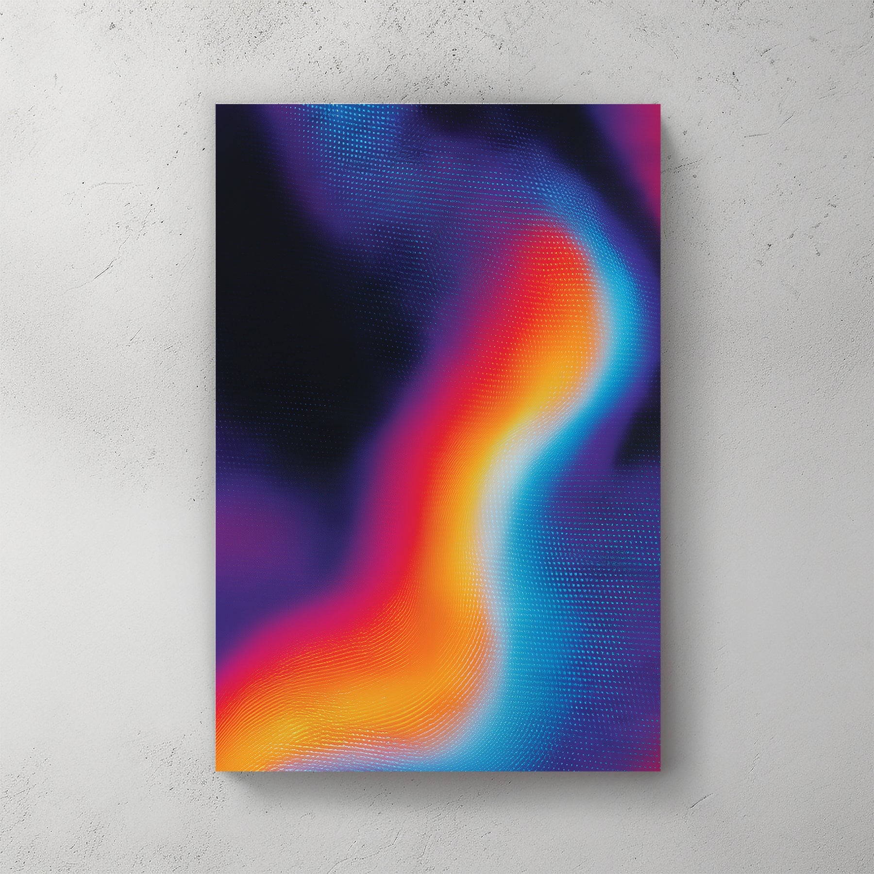 Abstract wave wall art with halftone dots in blue, orange, and pink on black.