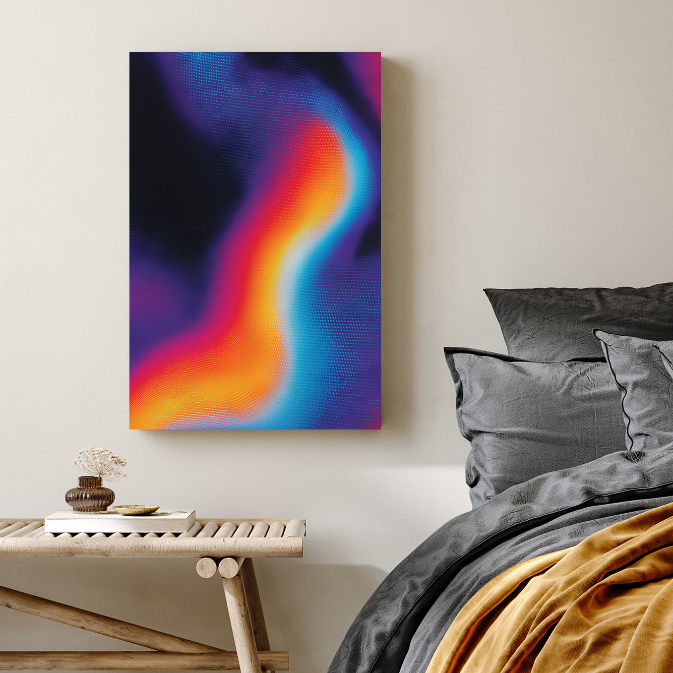 Abstract wave wall art with halftone dots in blue, orange, and pink on black.