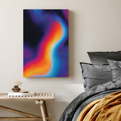 Abstract wave wall art with halftone dots in blue, orange, and pink on black.