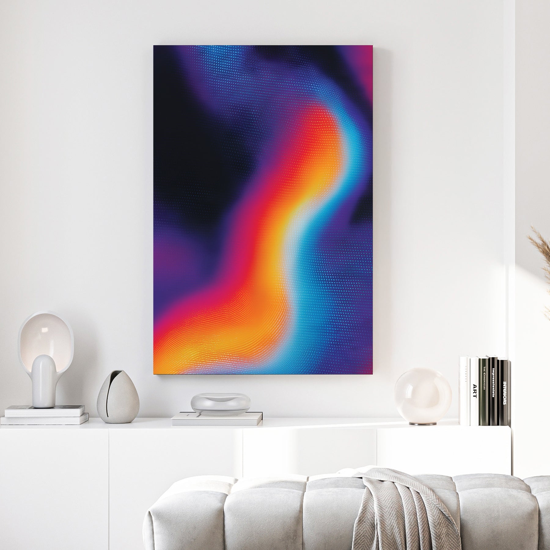 Abstract wave wall art with halftone dots in blue, orange, and pink on black.