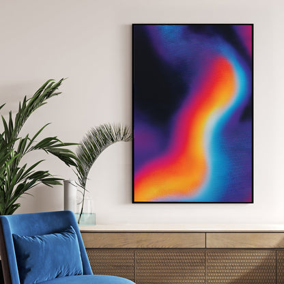 Abstract wave wall art with halftone dots in blue, orange, and pink on black.