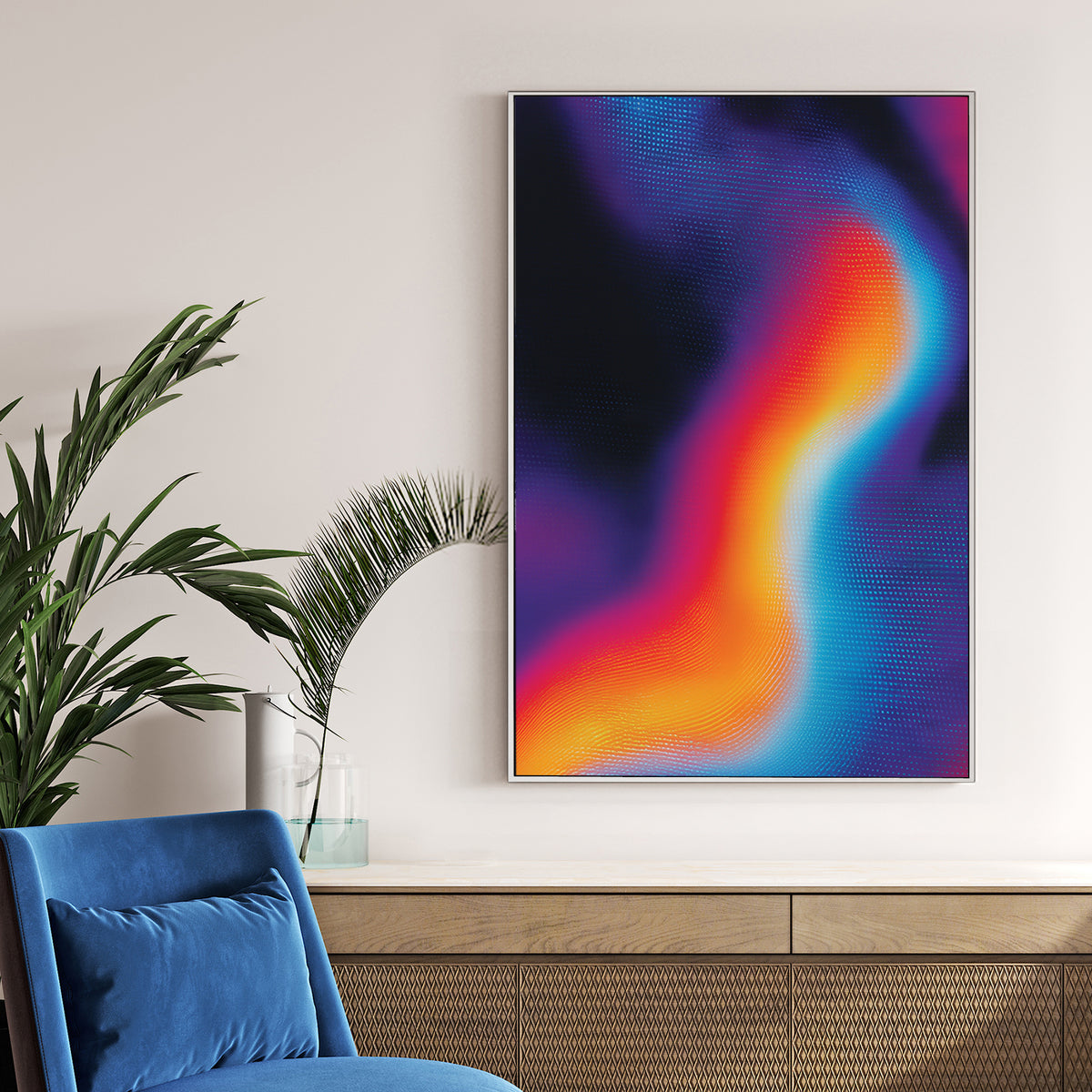 Abstract wave wall art with halftone dots in blue, orange, and pink on black.