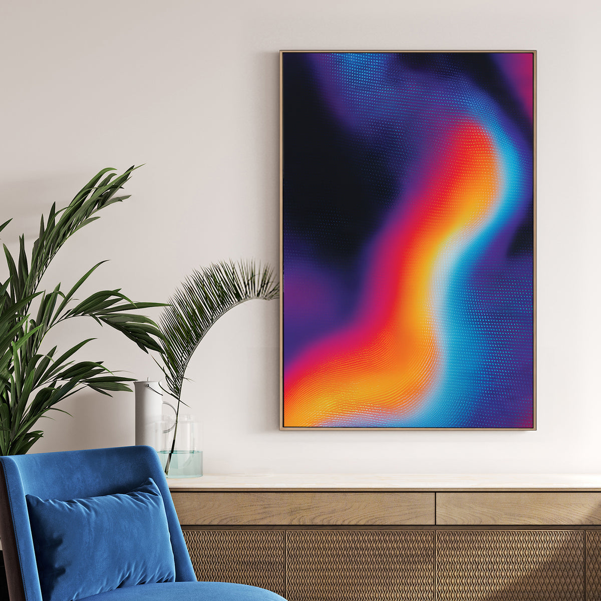 Abstract wave wall art with halftone dots in blue, orange, and pink on black.