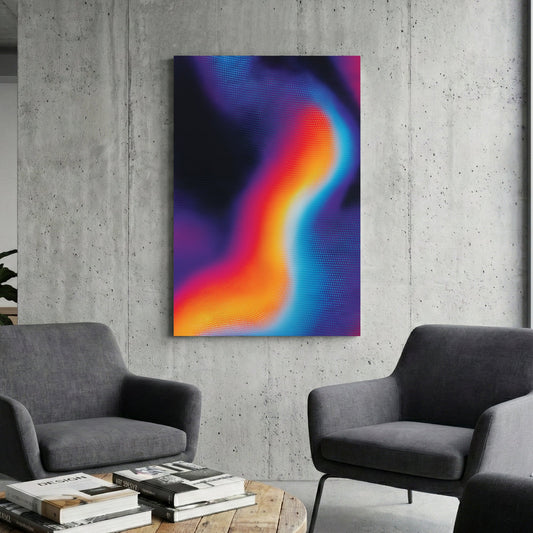 Abstract wave wall art with halftone dots in blue, orange, and pink on black.