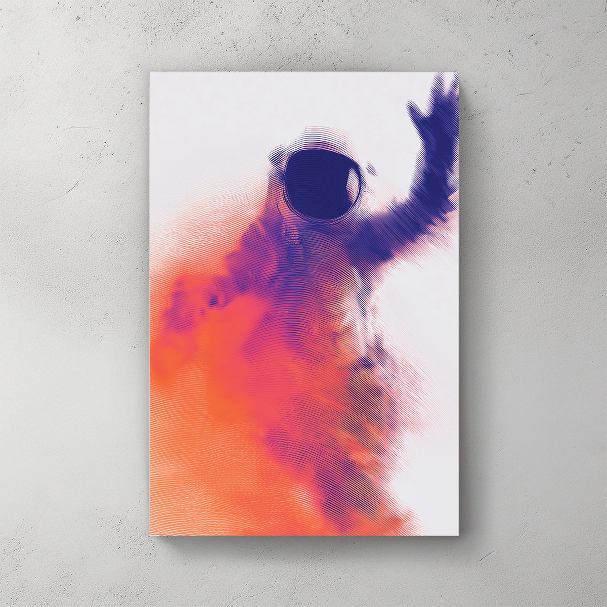 Blue and orange wavy line art of an astronaut waving, modern wall art.