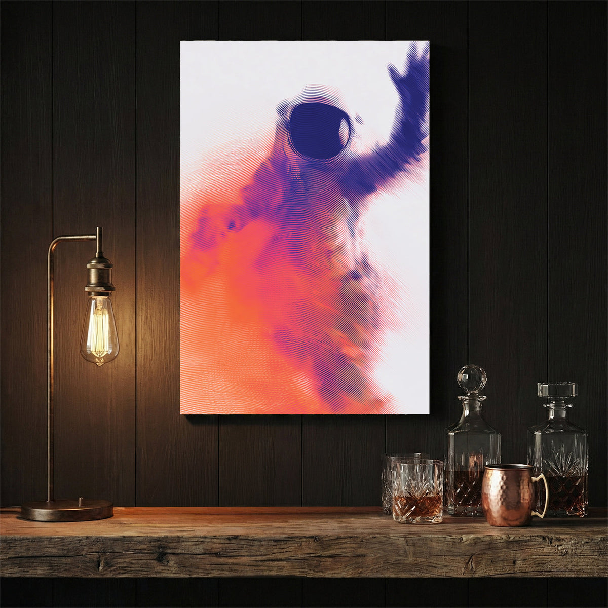 Blue and orange wavy line art of an astronaut waving, modern wall art.