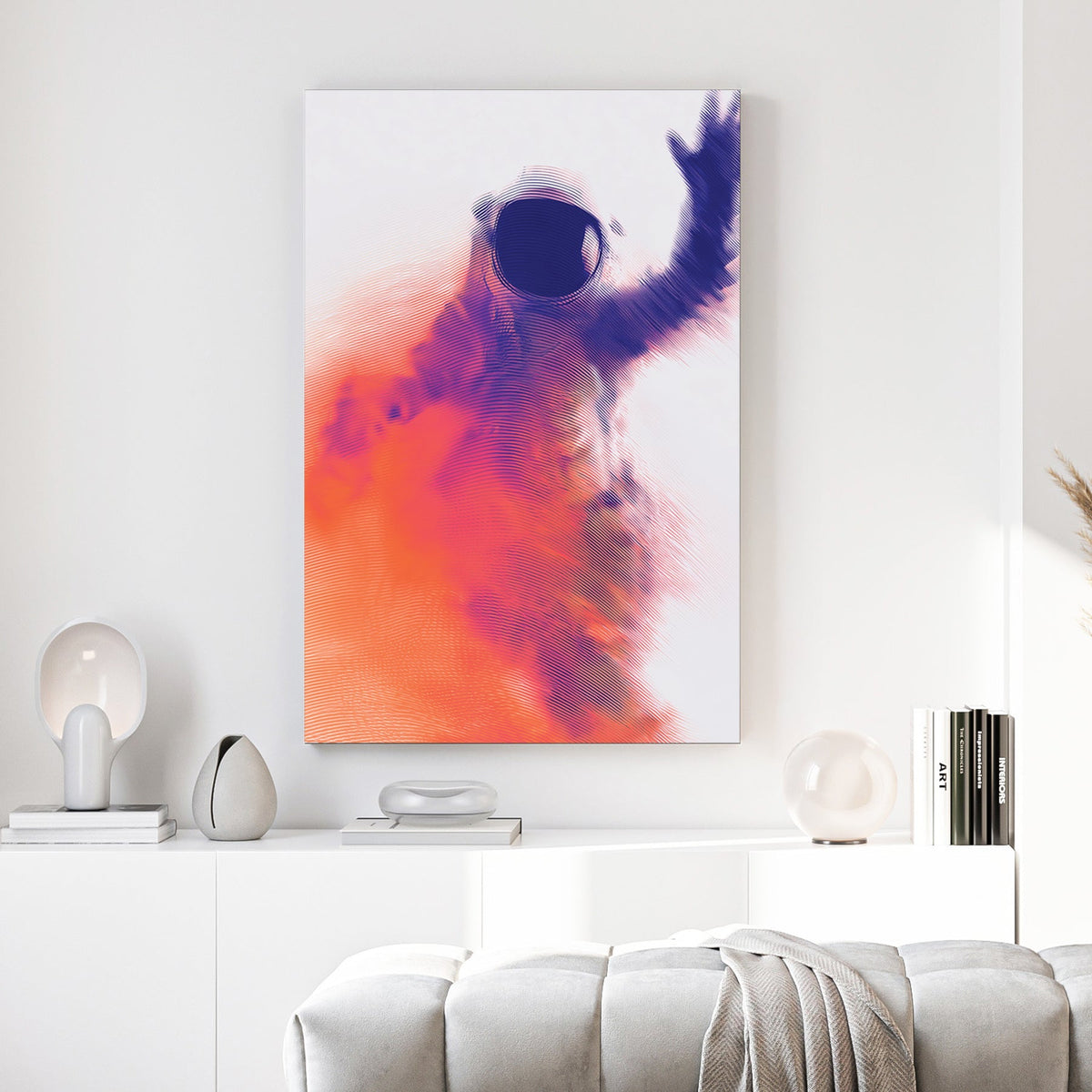 Blue and orange wavy line art of an astronaut waving, modern wall art.