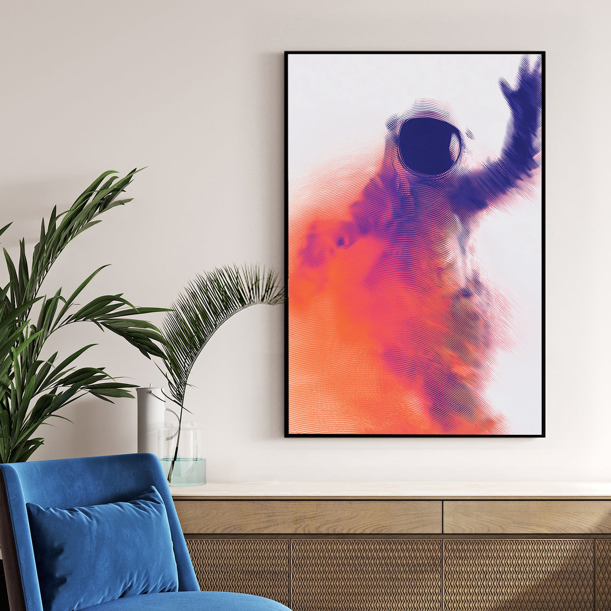 Blue and orange wavy line art of an astronaut waving, modern wall art.