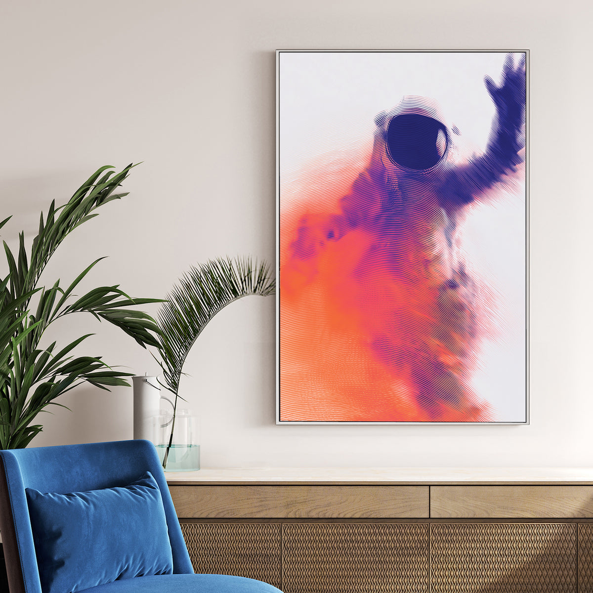 Blue and orange wavy line art of an astronaut waving, modern wall art.