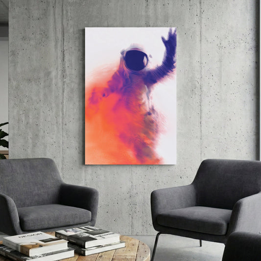 Blue and orange wavy line art of an astronaut waving, modern wall art.
