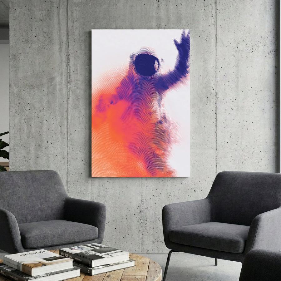 Blue and orange wavy line art of an astronaut waving, modern wall art.