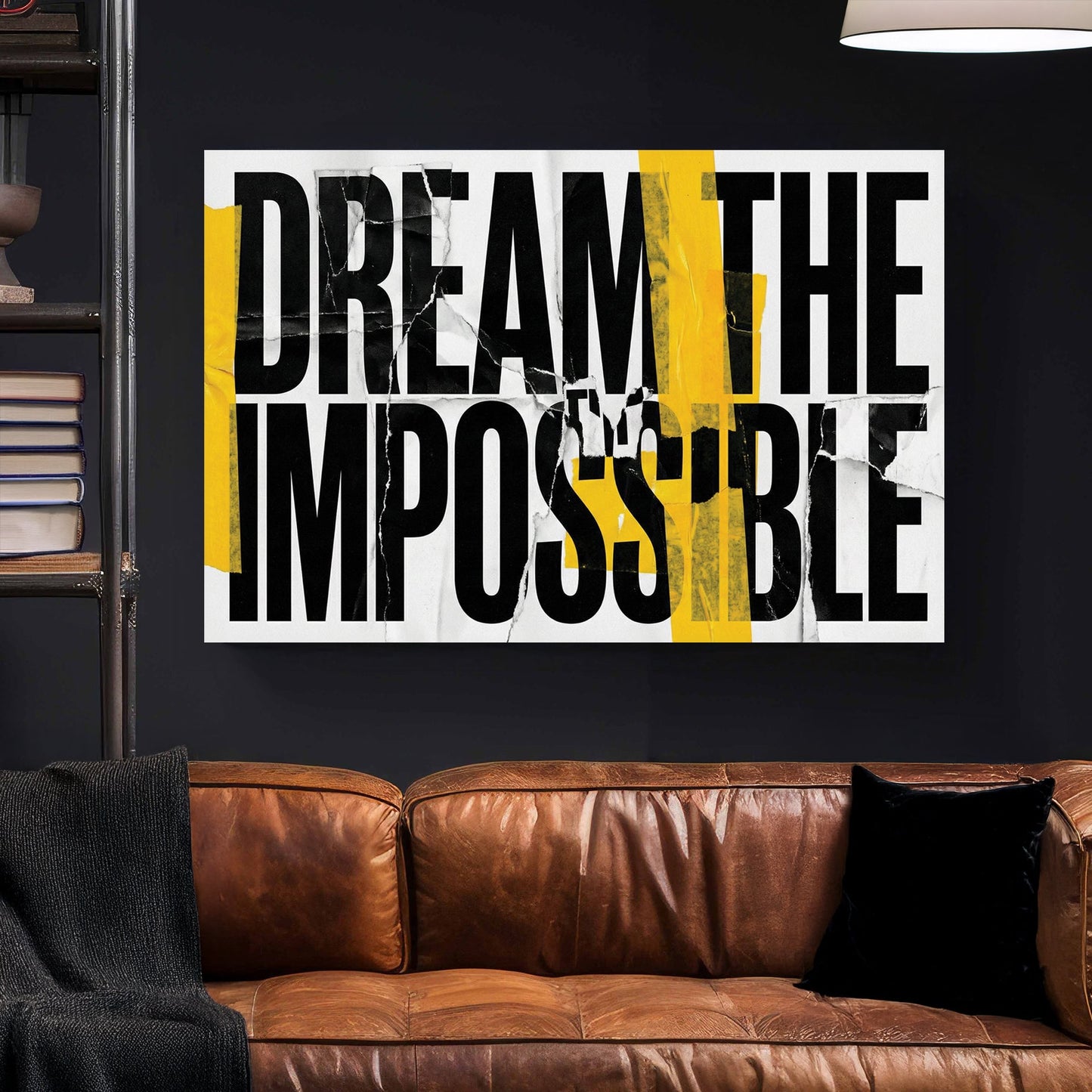 Dream The Impossible motivational typography wall art with yellow tape and torn paper effects.