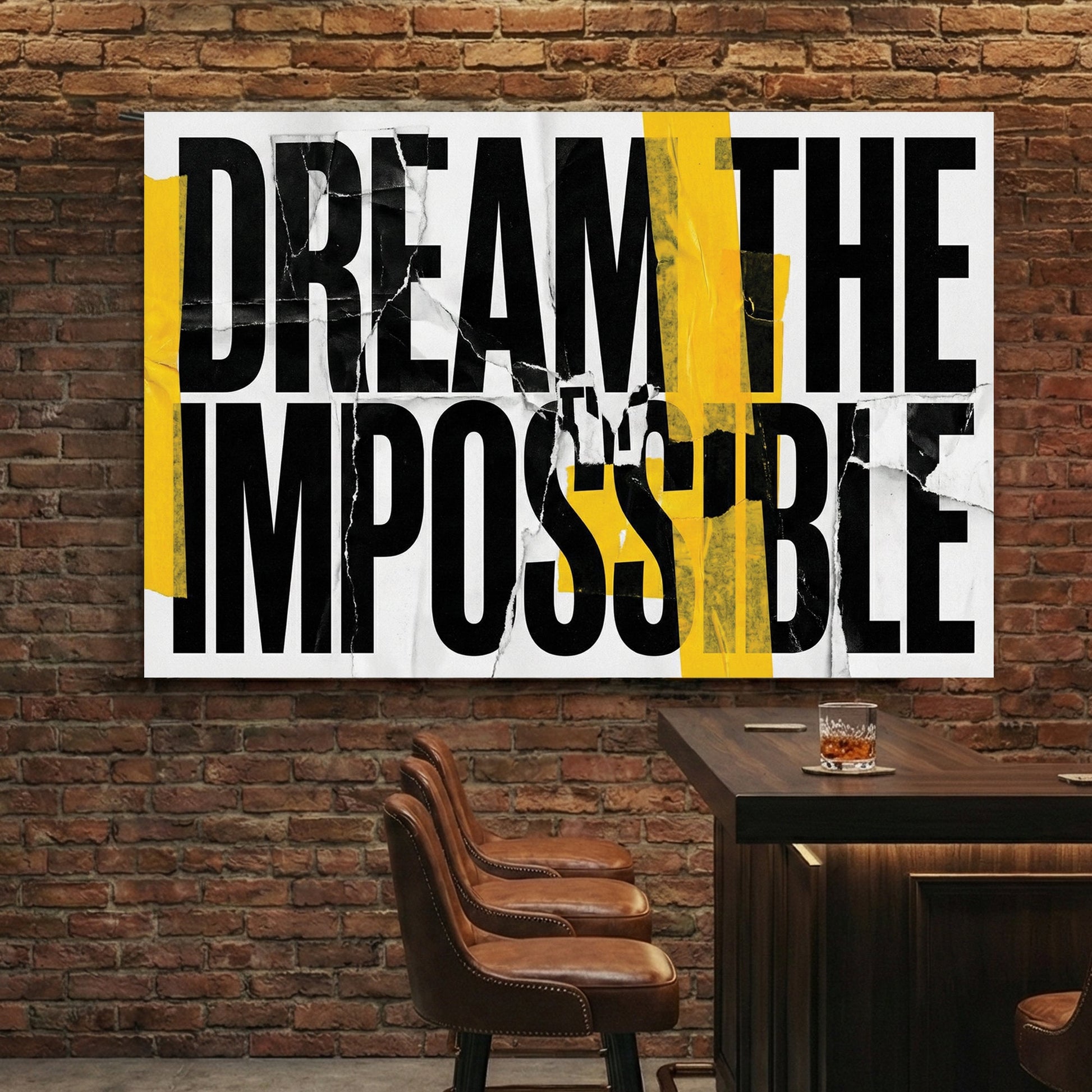 Dream The Impossible motivational typography wall art with yellow tape and torn paper effects.