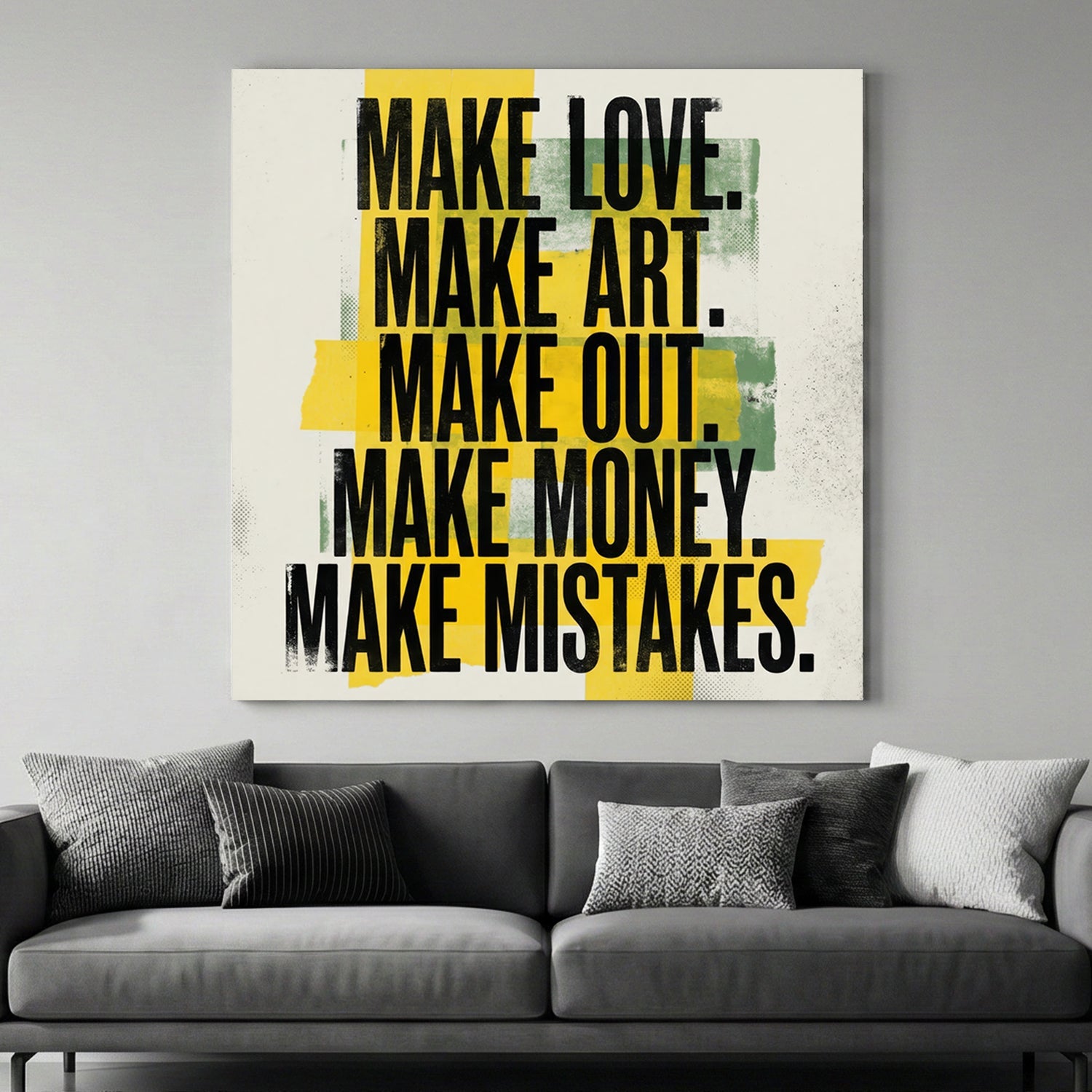 Typography wall art featuring 'Make Love Make Art' text and yellow abstract blocks.