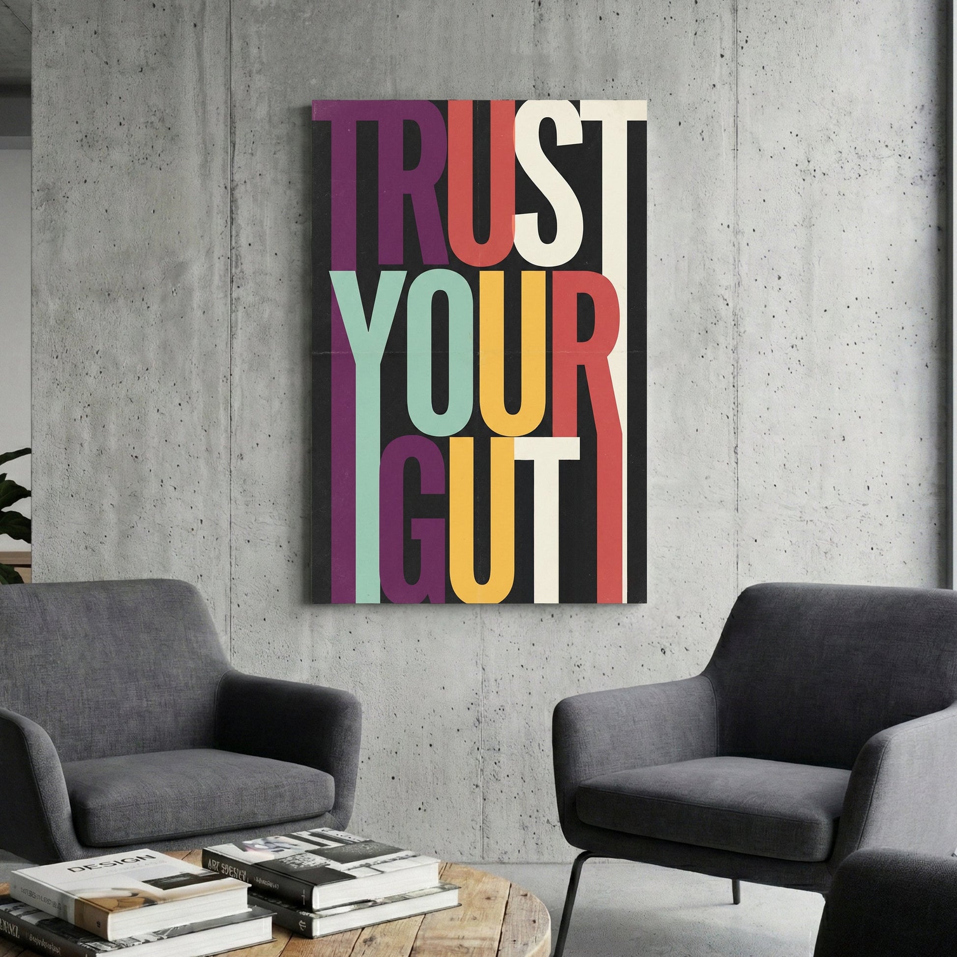 Modern Trust Your Gut typography wall art with colourful elongated letters on black background.