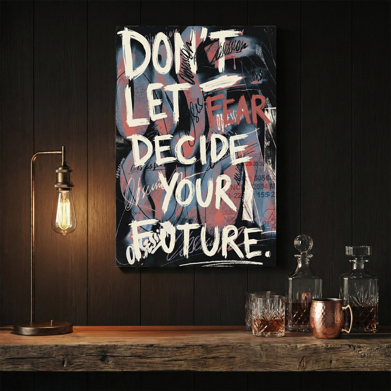 Don't Let Fear Decide Your Future street art typography wall art on a dark distressed background.