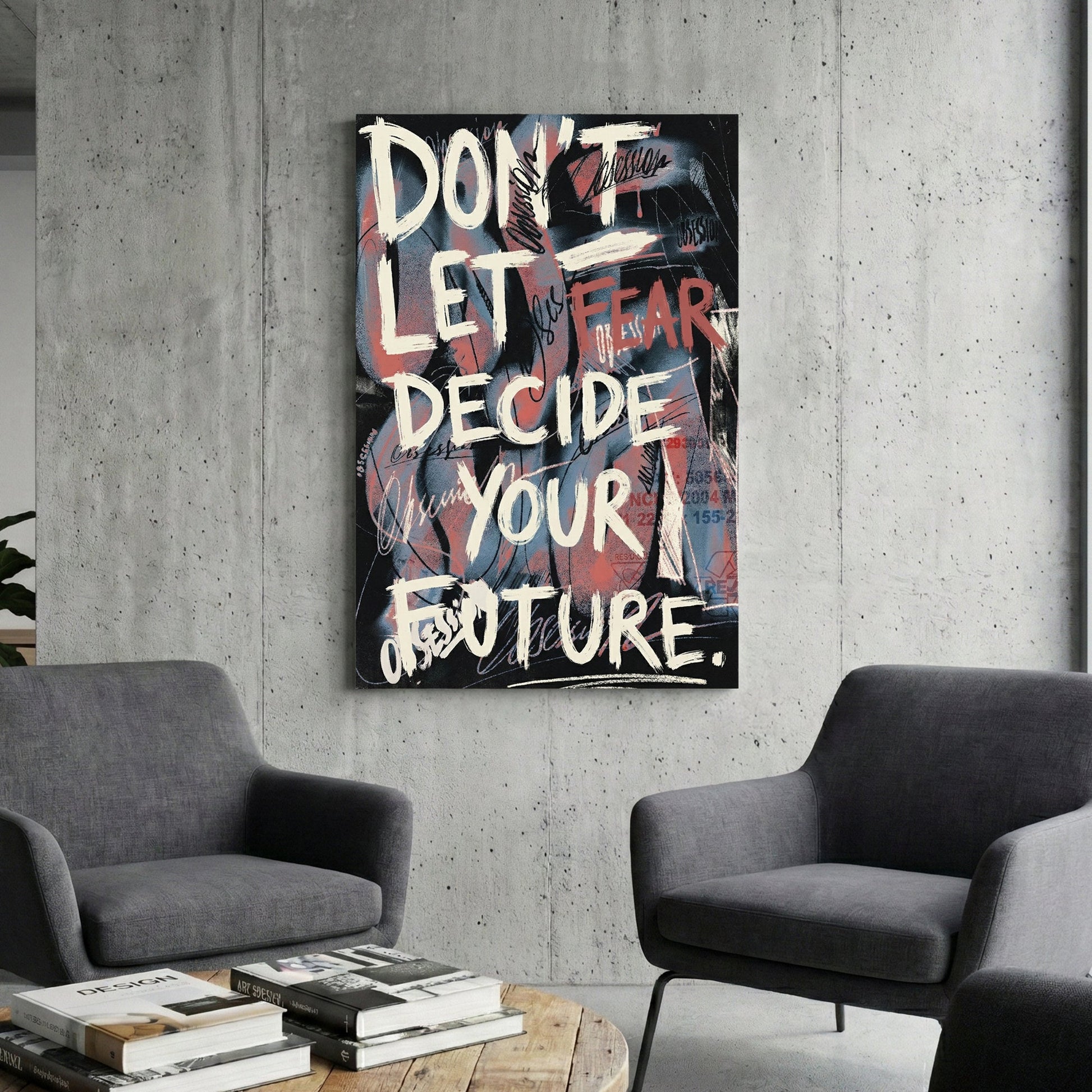 Don't Let Fear Decide Your Future street art typography wall art on a dark distressed background.