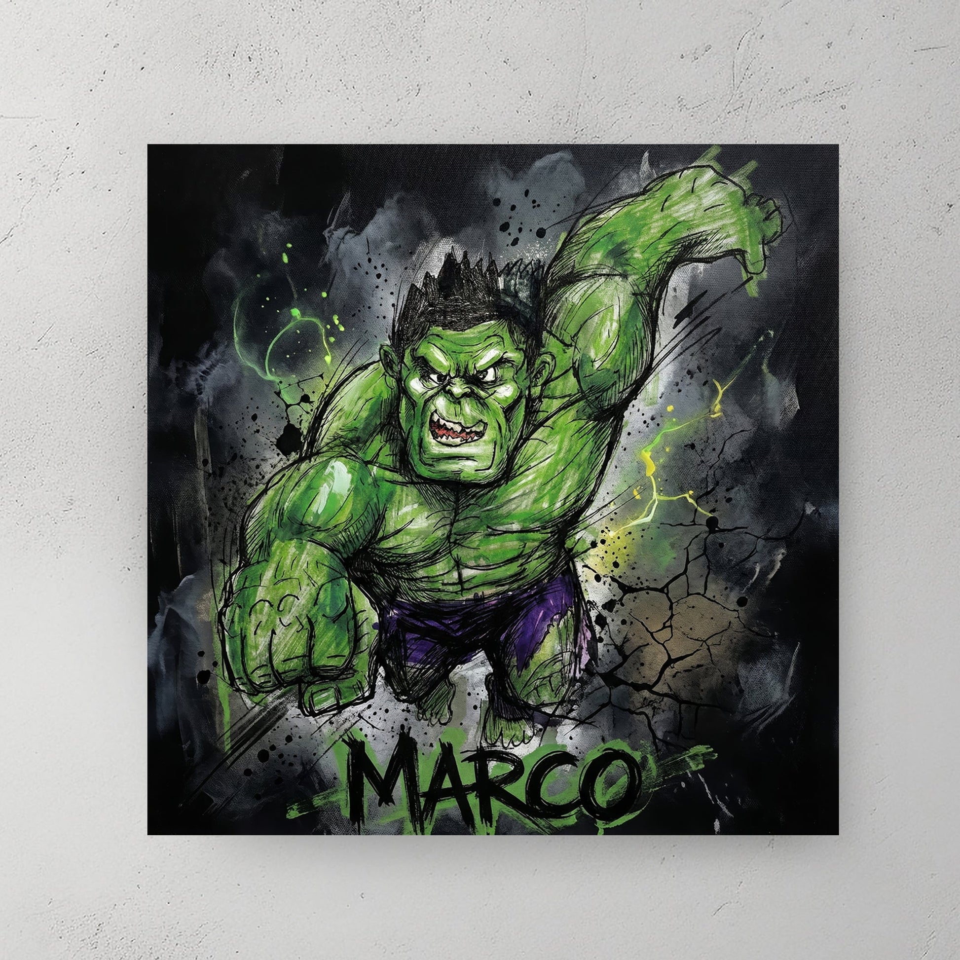 The Hulk graffiti sketch portrait green superhero dark background wall art print