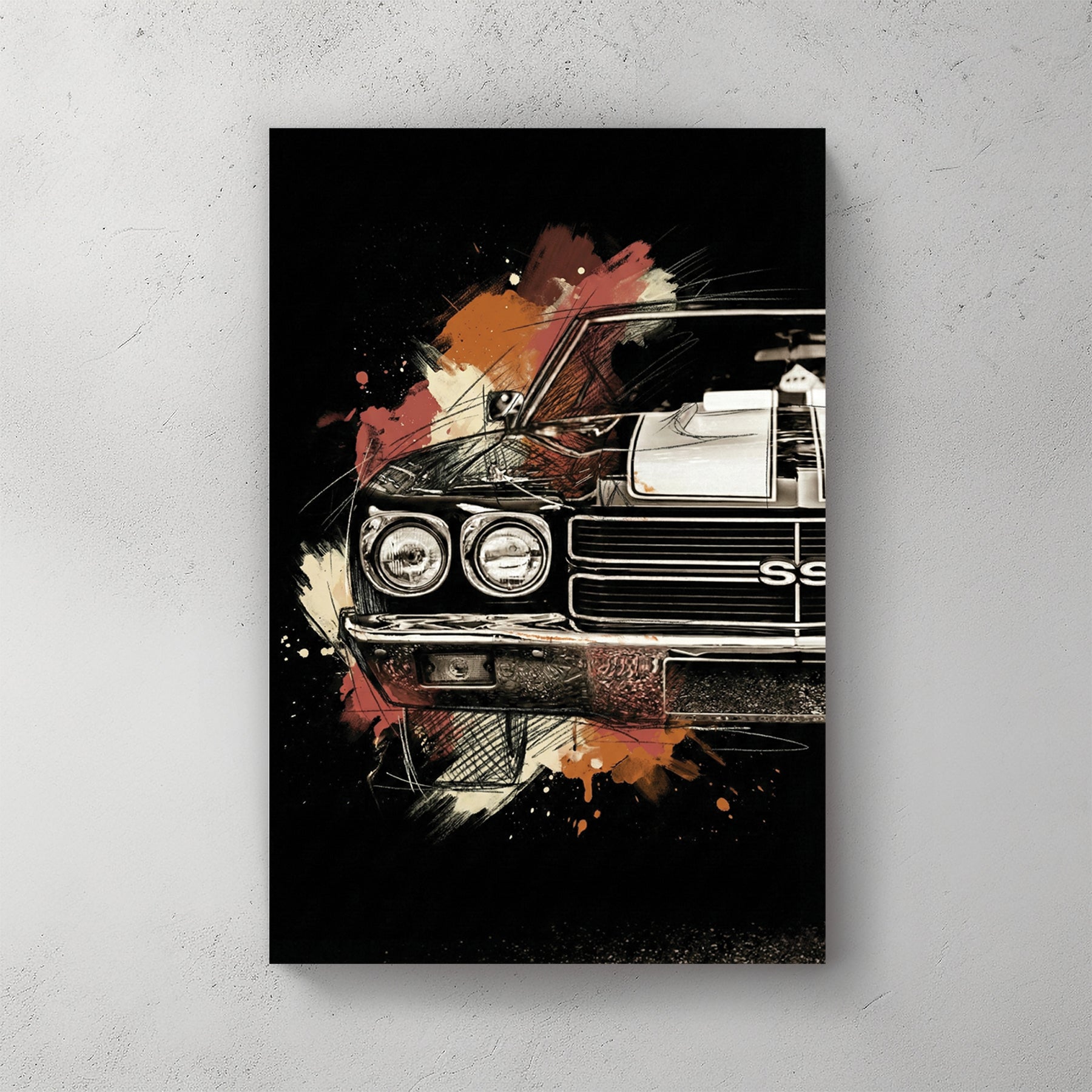 Chevrolet Chevelle SS muscle car close-up sketch ink wall art print dark background