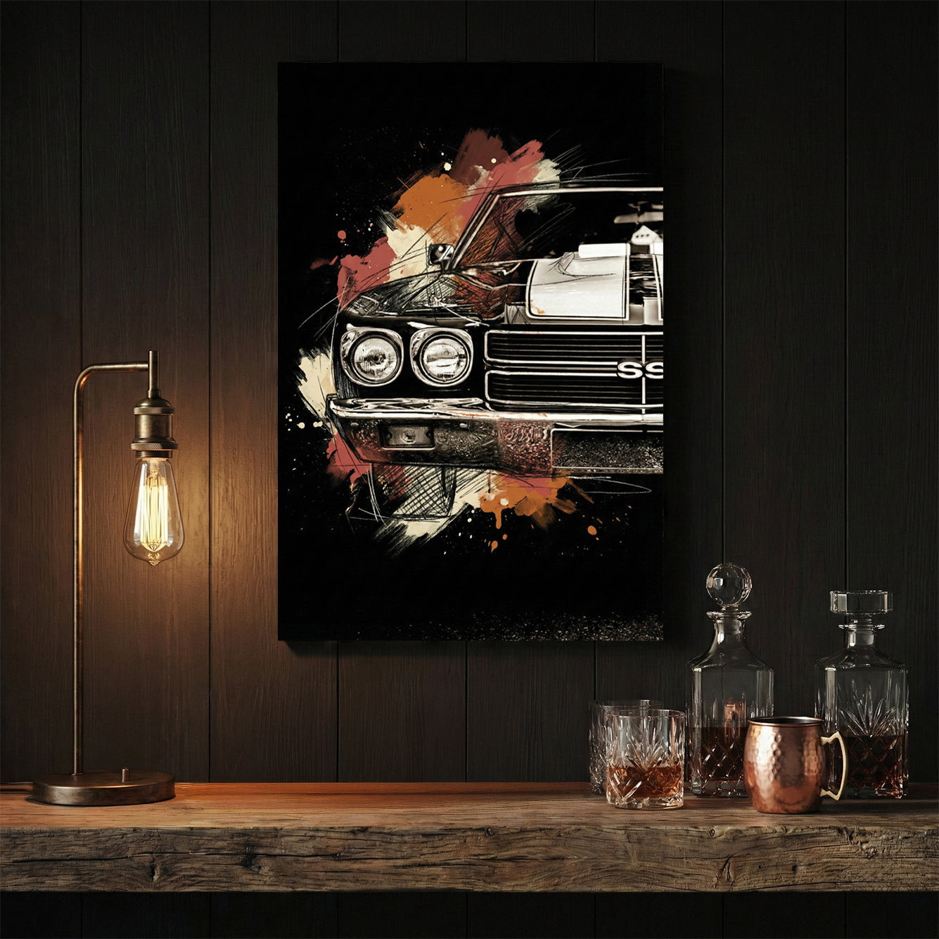 Chevrolet Chevelle SS muscle car close-up sketch ink wall art print dark background