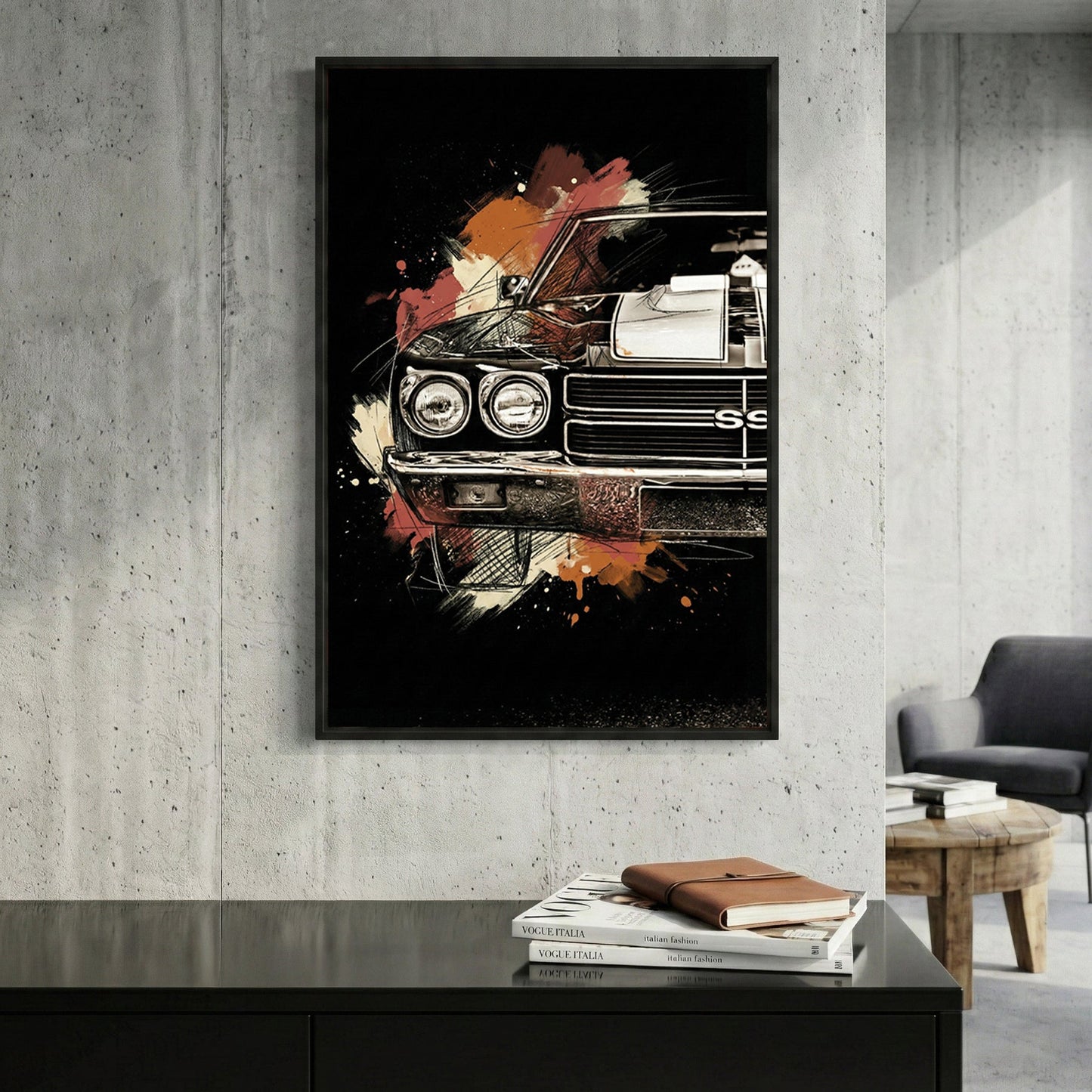 Chevrolet Chevelle SS muscle car close-up sketch ink wall art print dark background