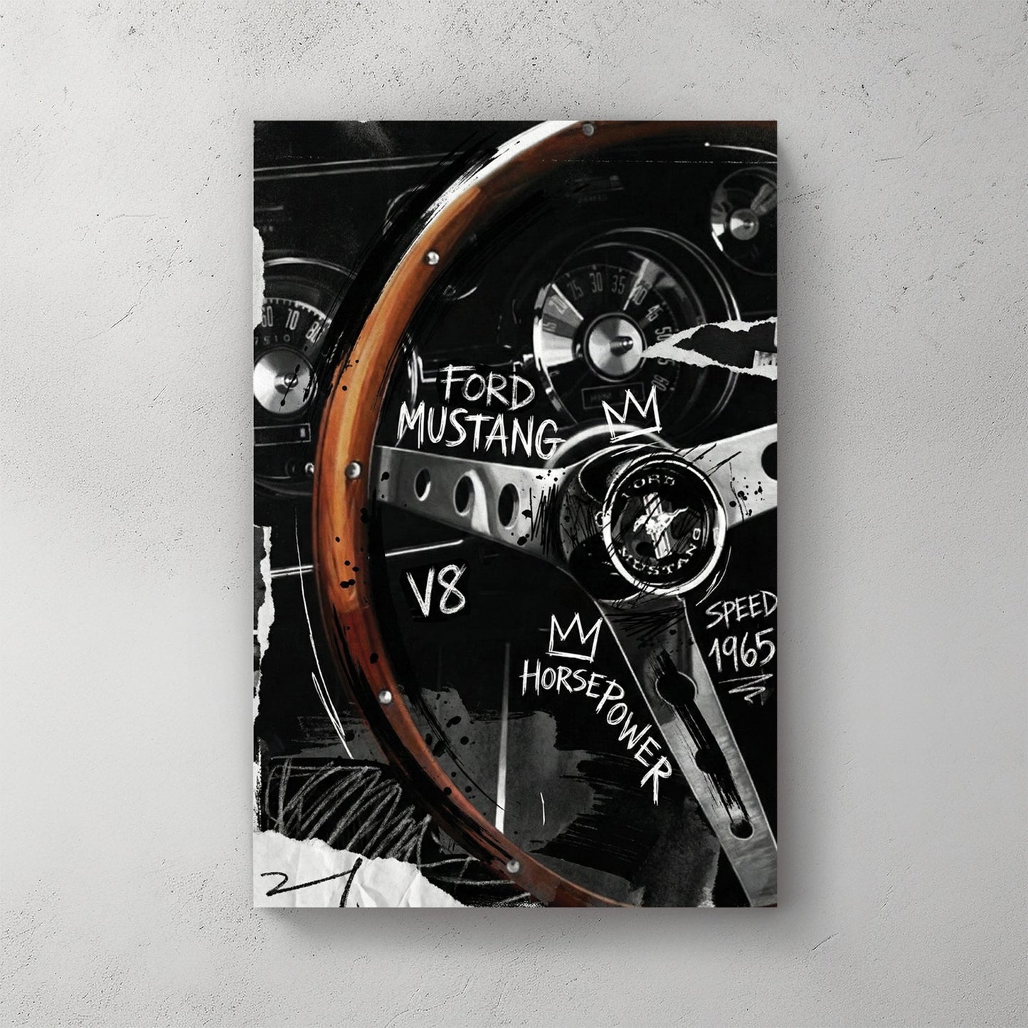Ford Mustang 1965 steering wheel cockpit Basquiat street art graffiti wall art print