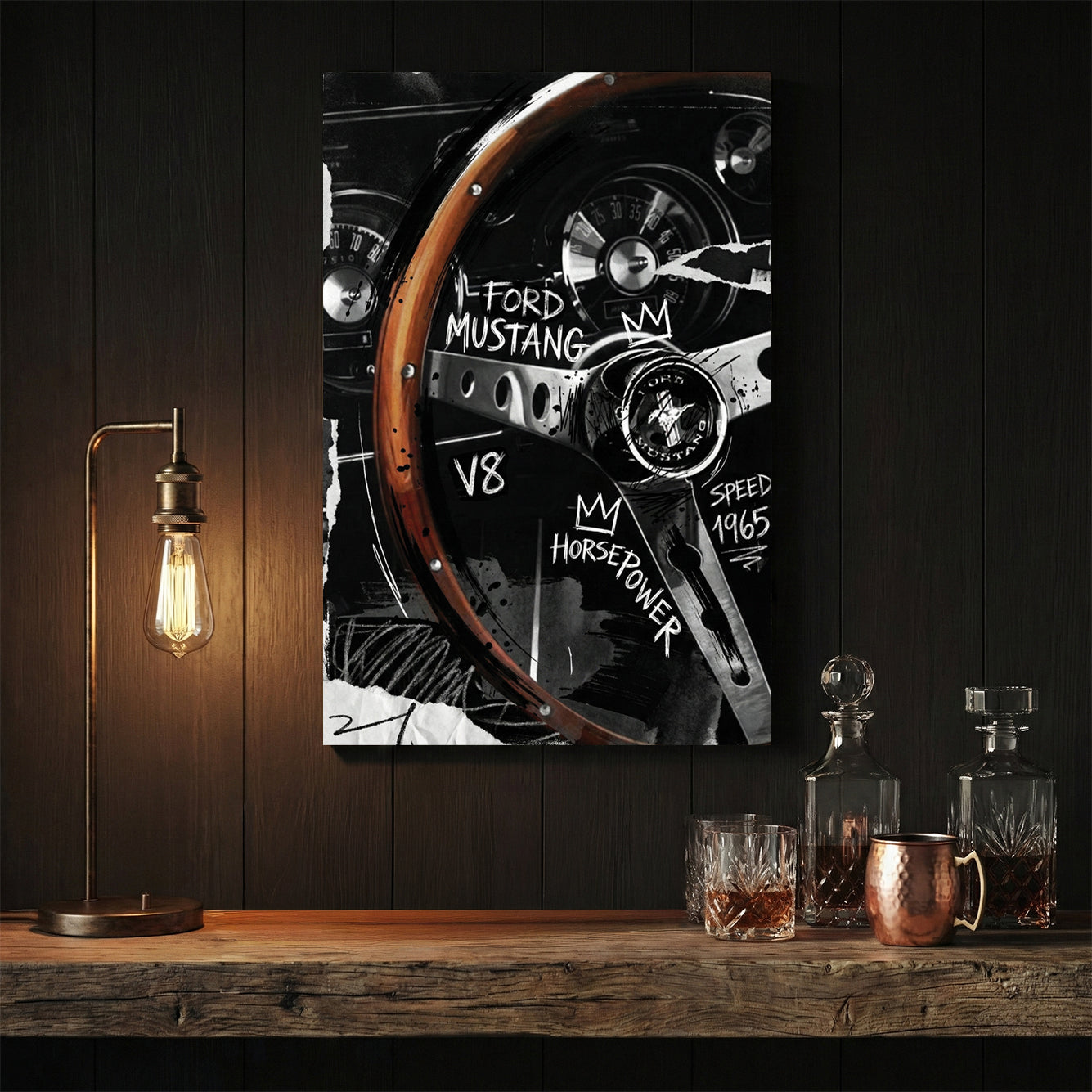 Ford Mustang 1965 steering wheel cockpit Basquiat street art graffiti wall art print