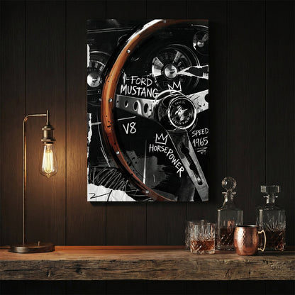 Ford Mustang 1965 steering wheel cockpit Basquiat street art graffiti wall art print