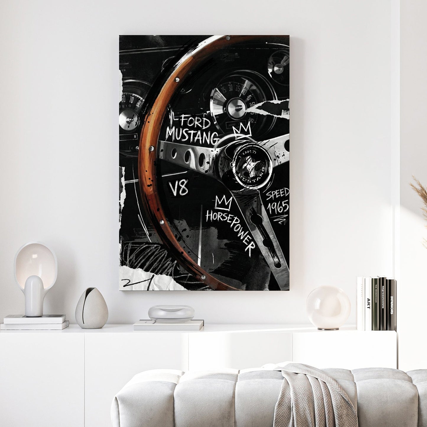 Ford Mustang 1965 steering wheel cockpit Basquiat street art graffiti wall art print