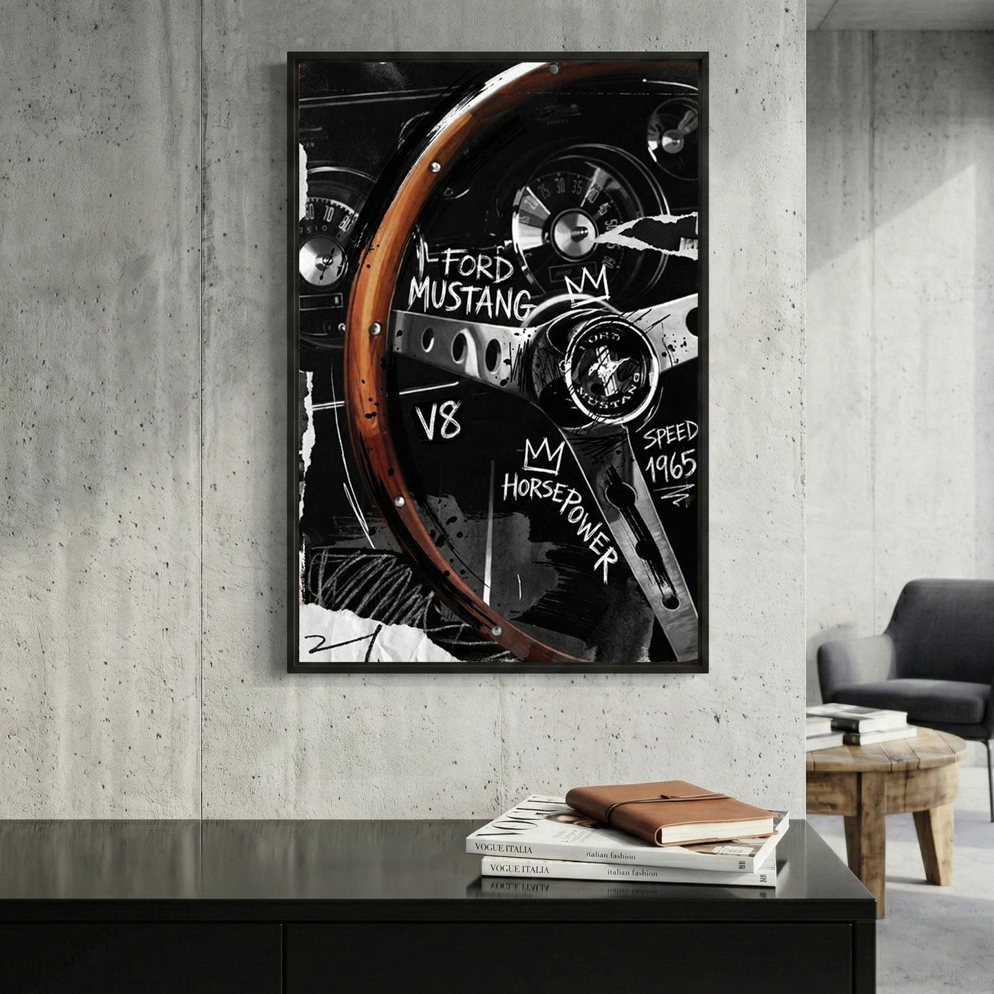 Ford Mustang 1965 steering wheel cockpit Basquiat street art graffiti wall art print